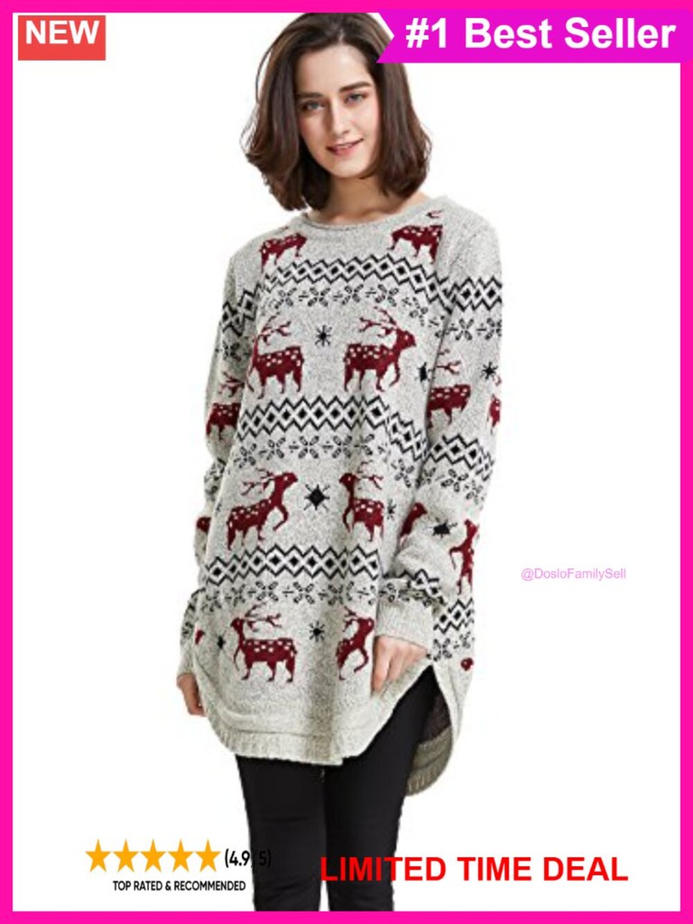 Shineflow Reindeer Snowflake Midi Christmas Pullover Sweater